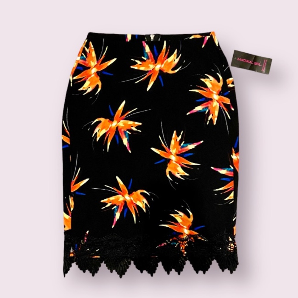 Material Girl Birds of Paradise Pencil Skirt with Lace Hem